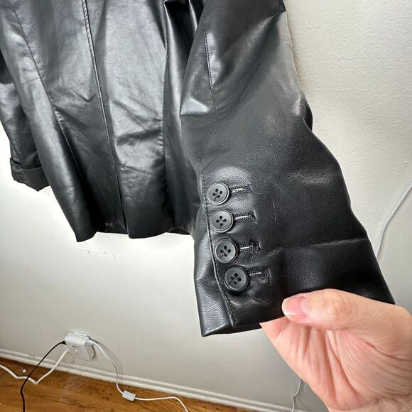 Black Leatherette 2-Button Narrow Lapel Welt Pockets Button Sleeve Blazer Medium - Picture 4 of 11